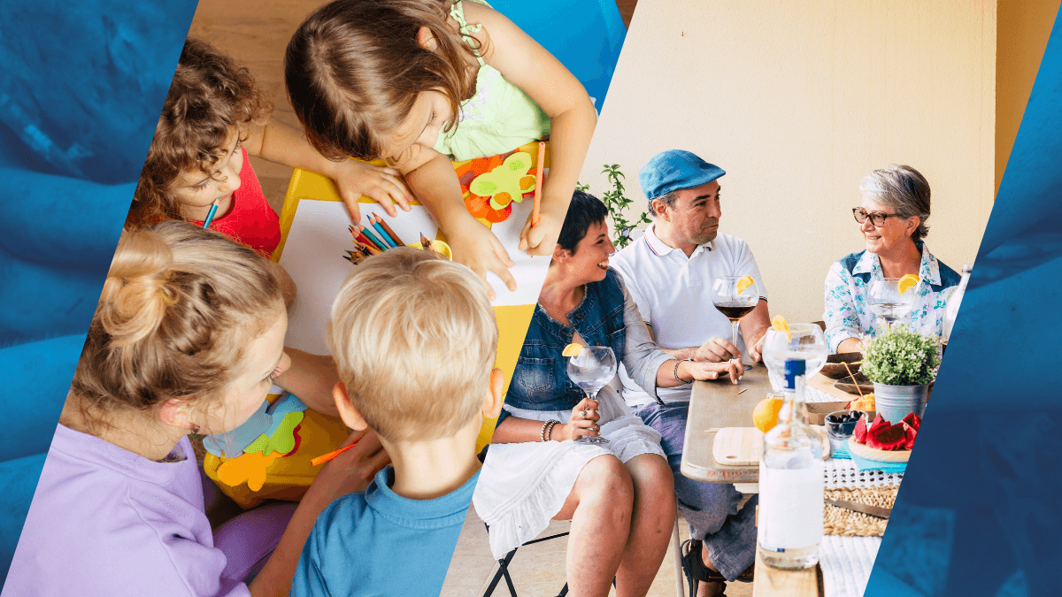 Split image: left side shows children and adult doing art activities at a table; right side shows three adults socializing outdoors with drinks and food. Contrasts different generational social gatherings. Split image: left side shows children and adult doing art activities at a table; right side shows three adults socializing outdoors with drinks and food. Contrasts different generational social gatherings.